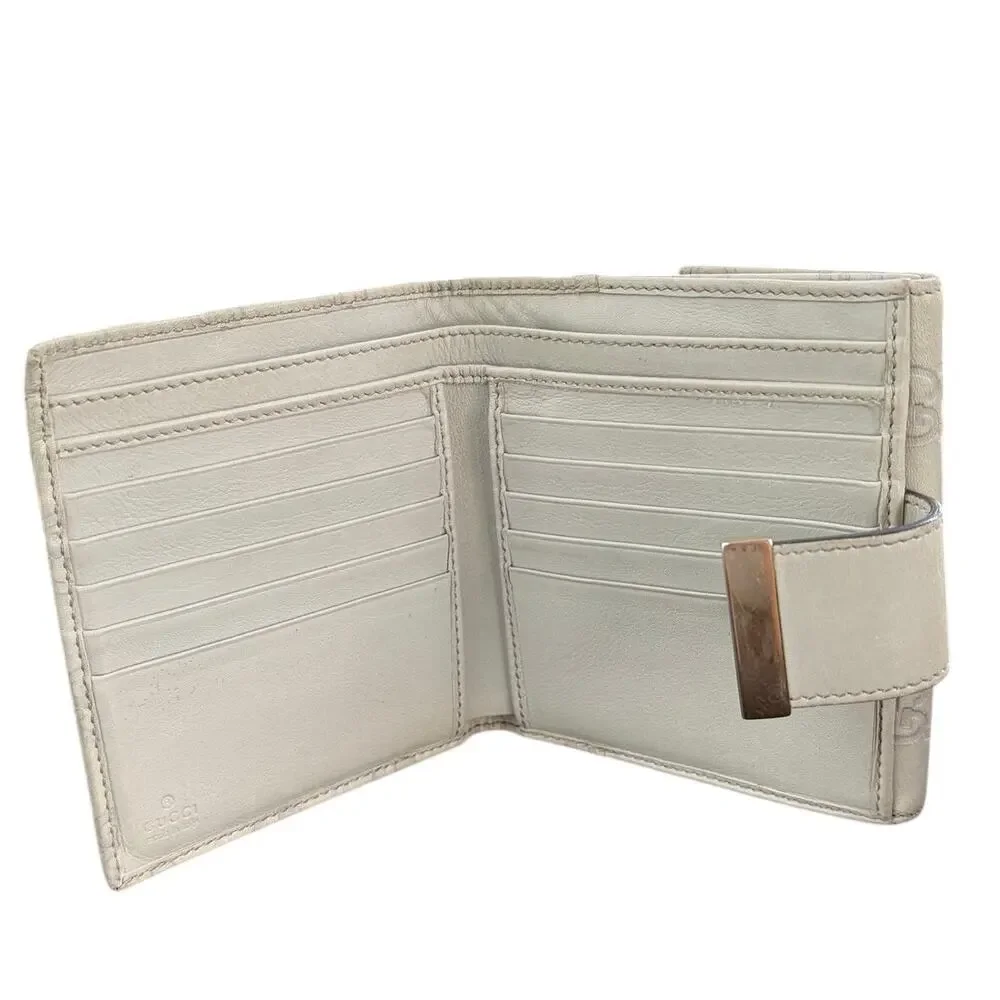 Gucci Guccissima Ivory Leather Compact Wallet with Gold Tab Snap Closure